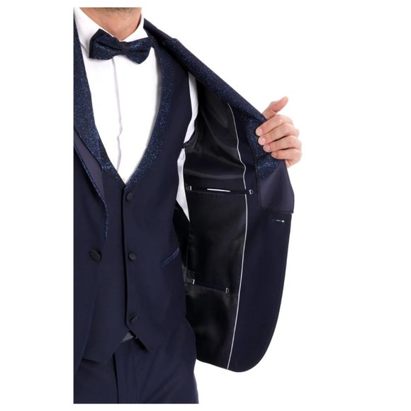 Derman Navy Silvery Detailed Collar Tuxedo 3 Piece Set - Picture 6 of 6